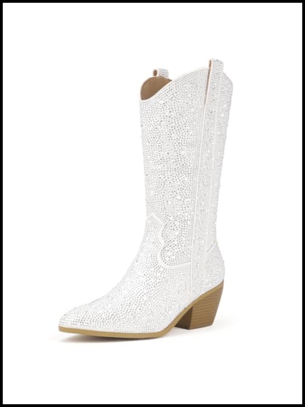 Rhinestone Mid Calf Cowgirl Boots with Side Zipper and Low Block Heel